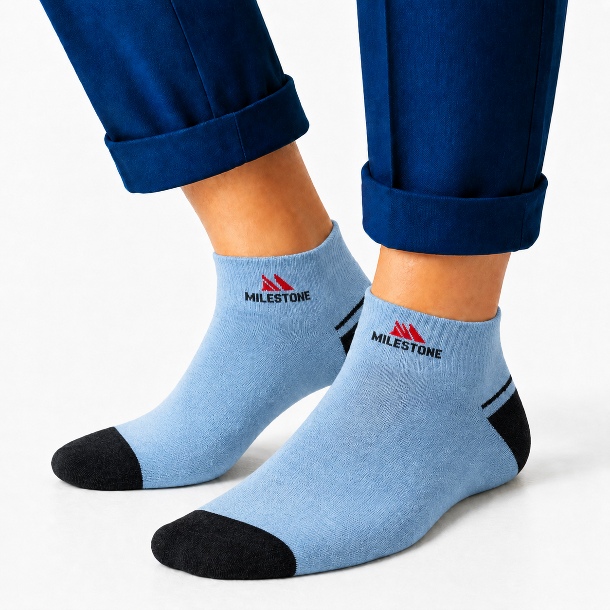 Milestone Sky Blue Black Toe Ankle Socks