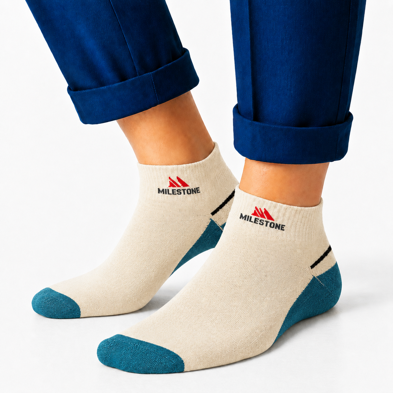 Milestone Cream Teal Contrast Ankle Socks